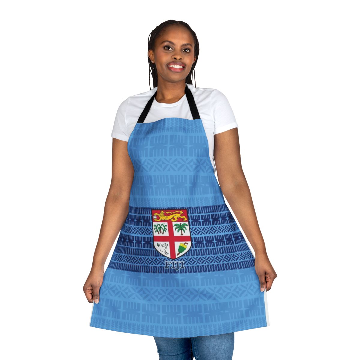 Blue and white Fiji flag-inspired Masi tapa apron with tribal and Polynesian designs