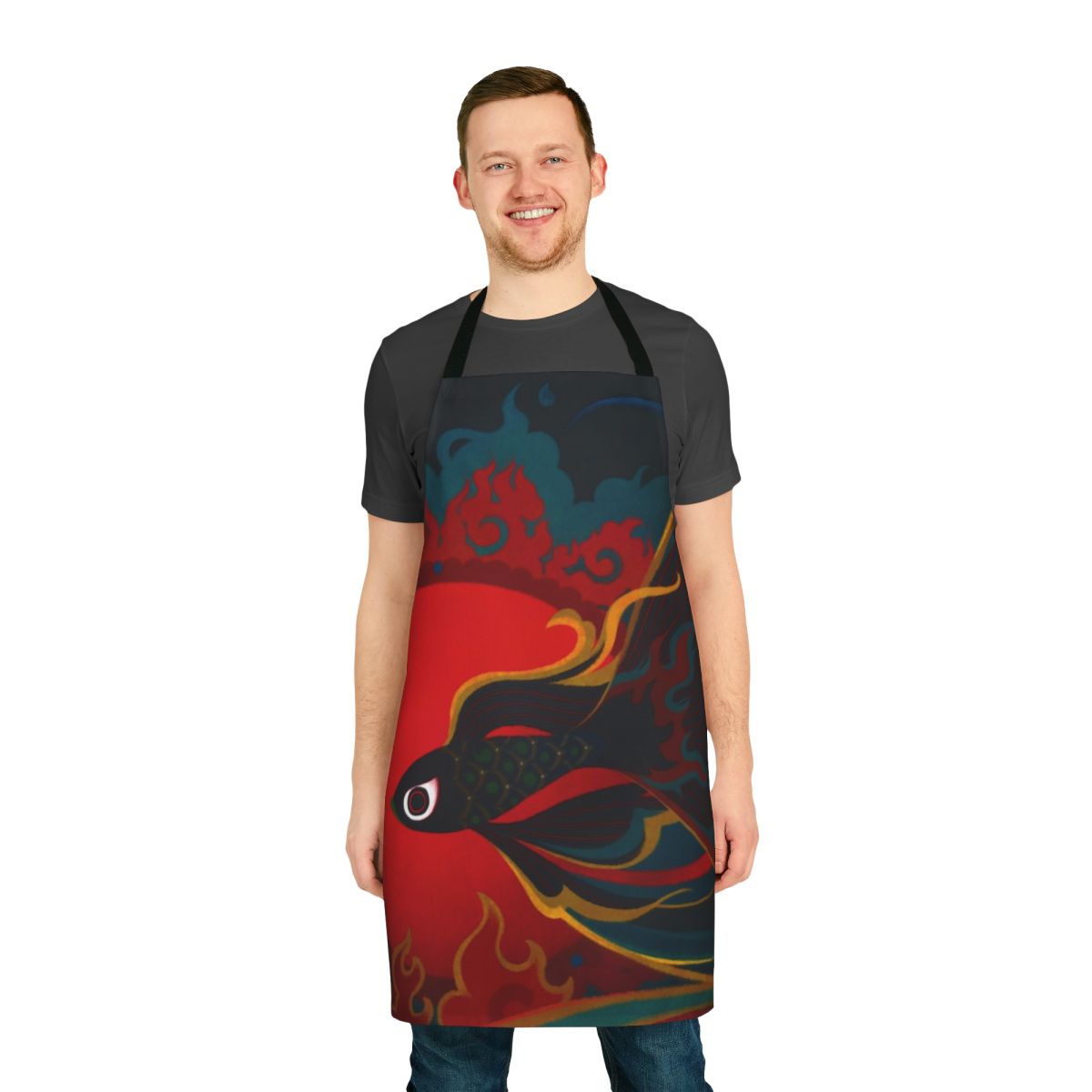 Striking fire fish apron with oriental design elements