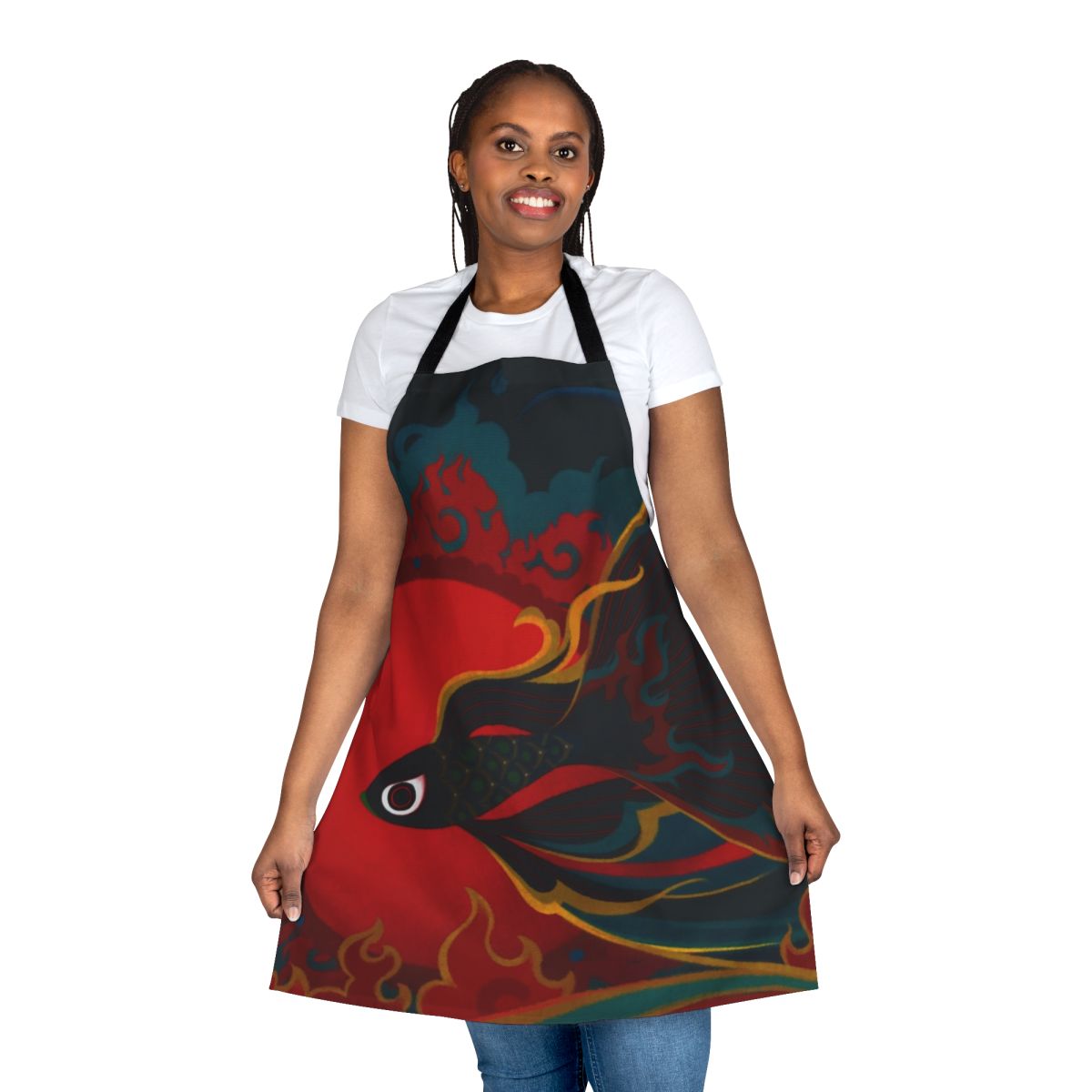 Striking fire fish apron with oriental design elements