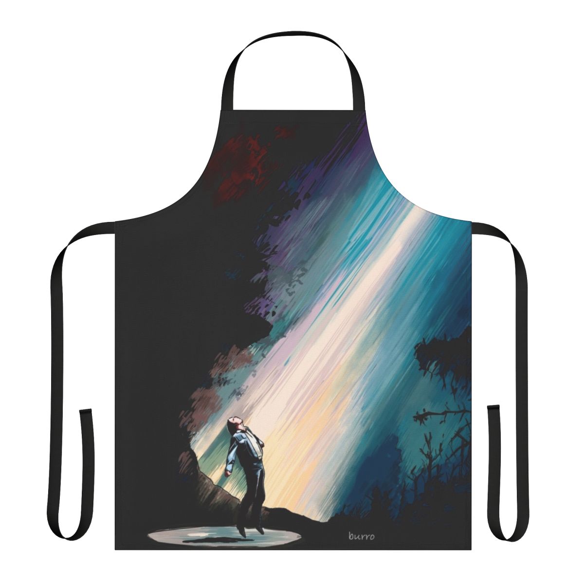 Colorful hand-drawn illustration of a fiery sky with a UFO, perfect for a sci-fi inspired apron
