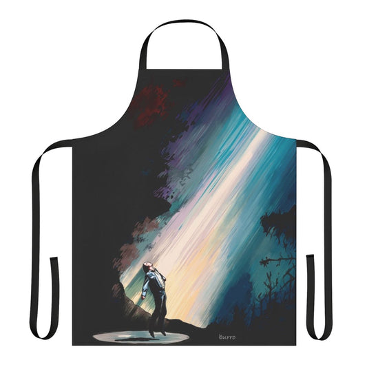 Colorful hand-drawn illustration of a fiery sky with a UFO, perfect for a sci-fi inspired apron