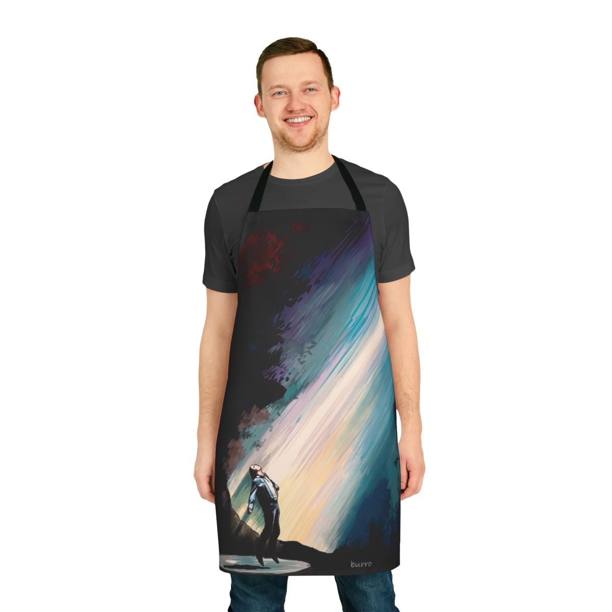 Colorful hand-drawn illustration of a fiery sky with a UFO, perfect for a sci-fi inspired apron