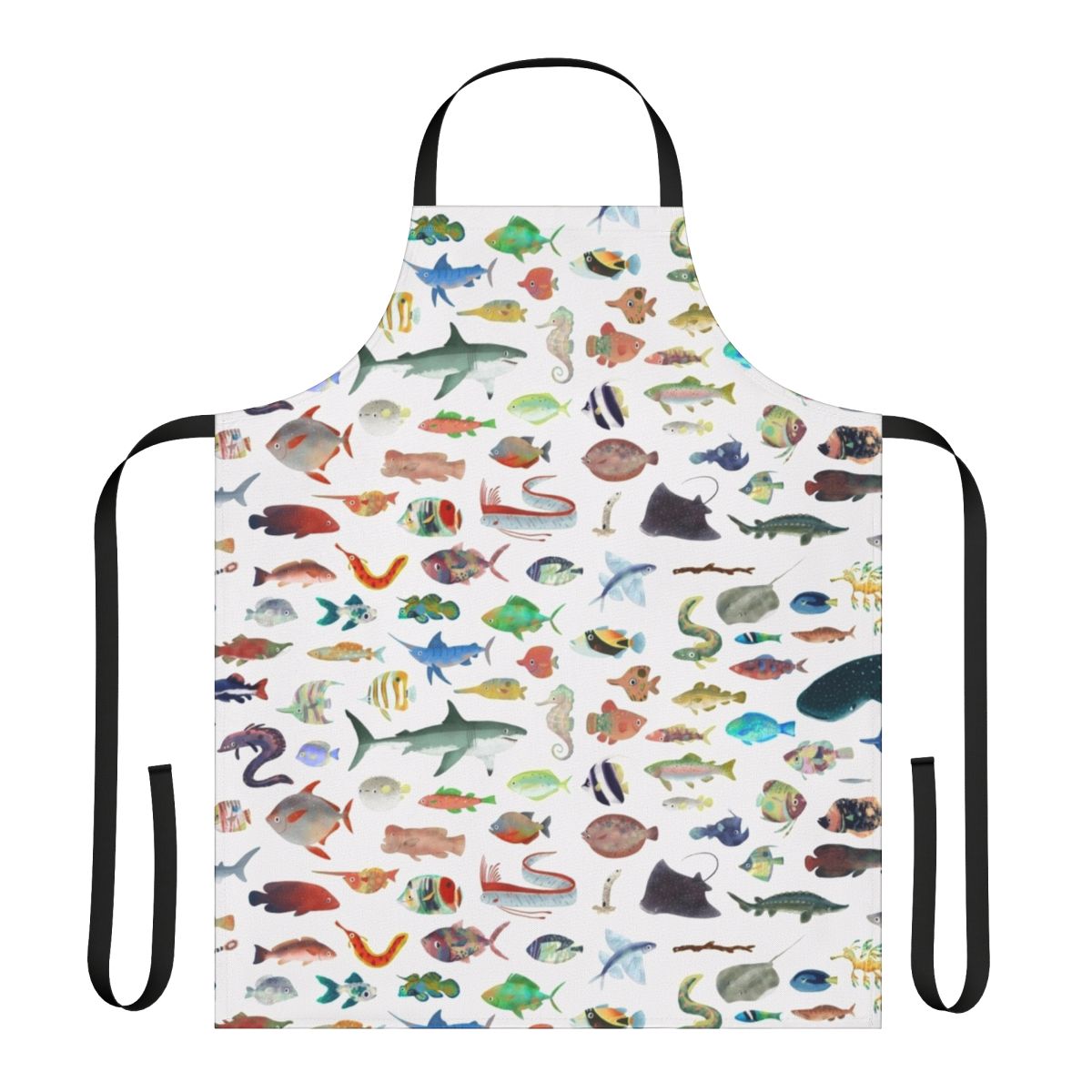 Colorful one hundred fish design printed on an apron for cooking, baking, or grilling