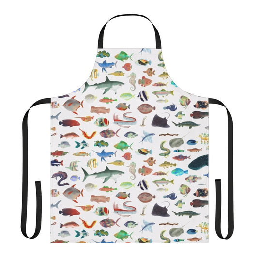 Colorful one hundred fish design printed on an apron for cooking, baking, or grilling
