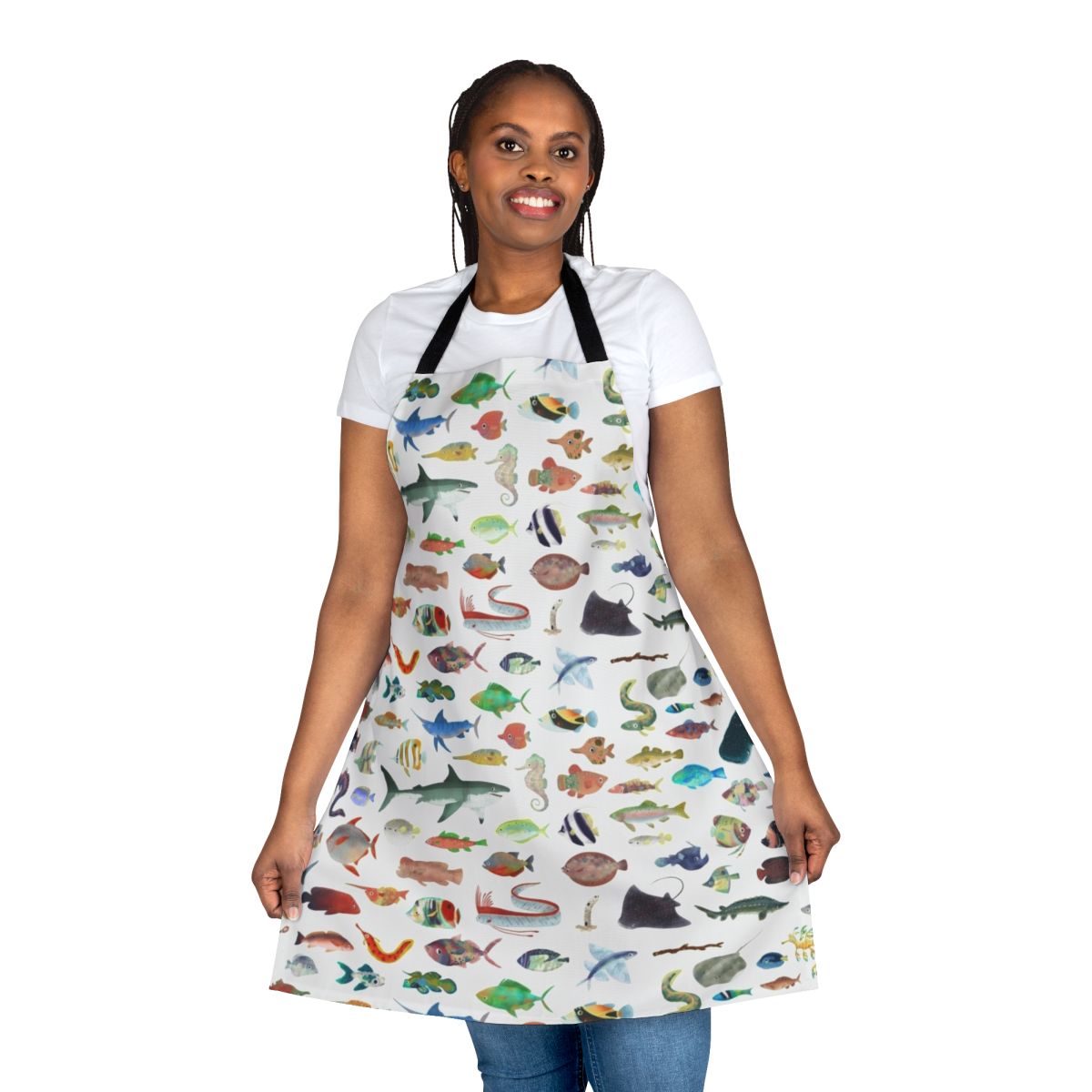 Colorful one hundred fish design printed on an apron for cooking, baking, or grilling