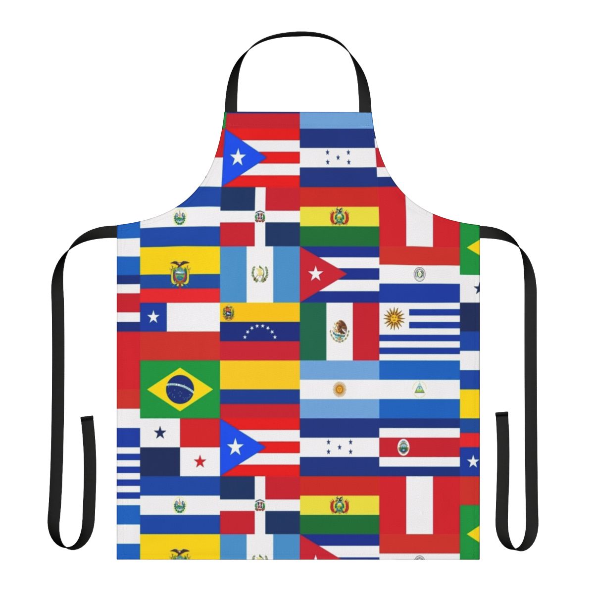 Apron featuring colorful flags representing the countries of Latin America