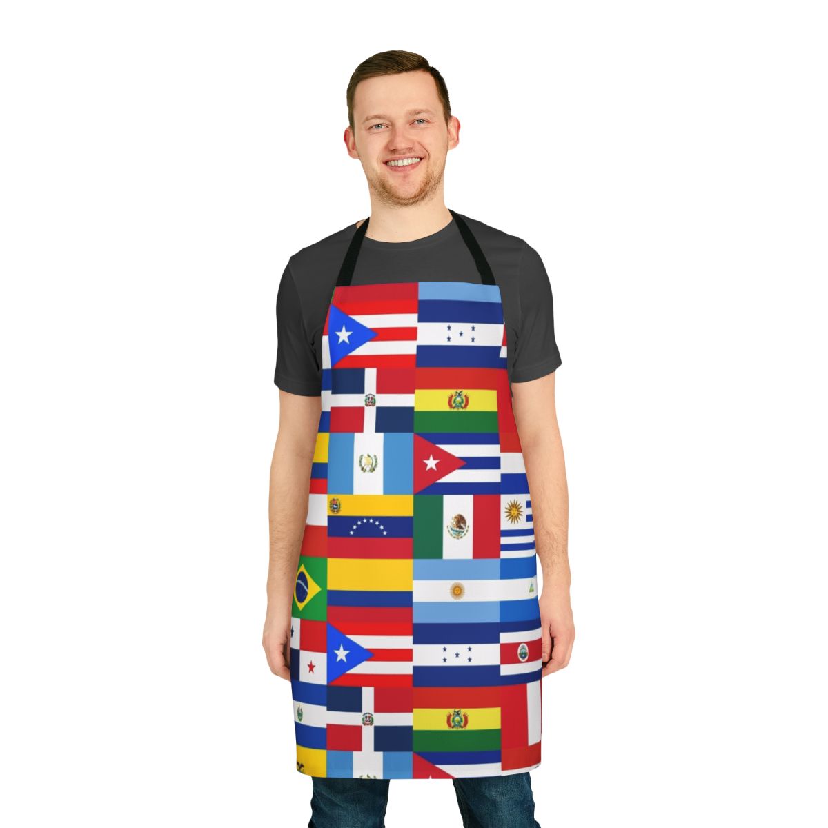 Apron featuring colorful flags representing the countries of Latin America