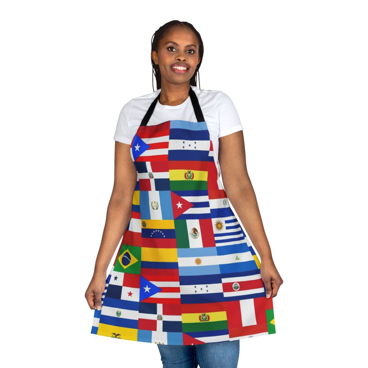 Apron featuring colorful flags representing the countries of Latin America