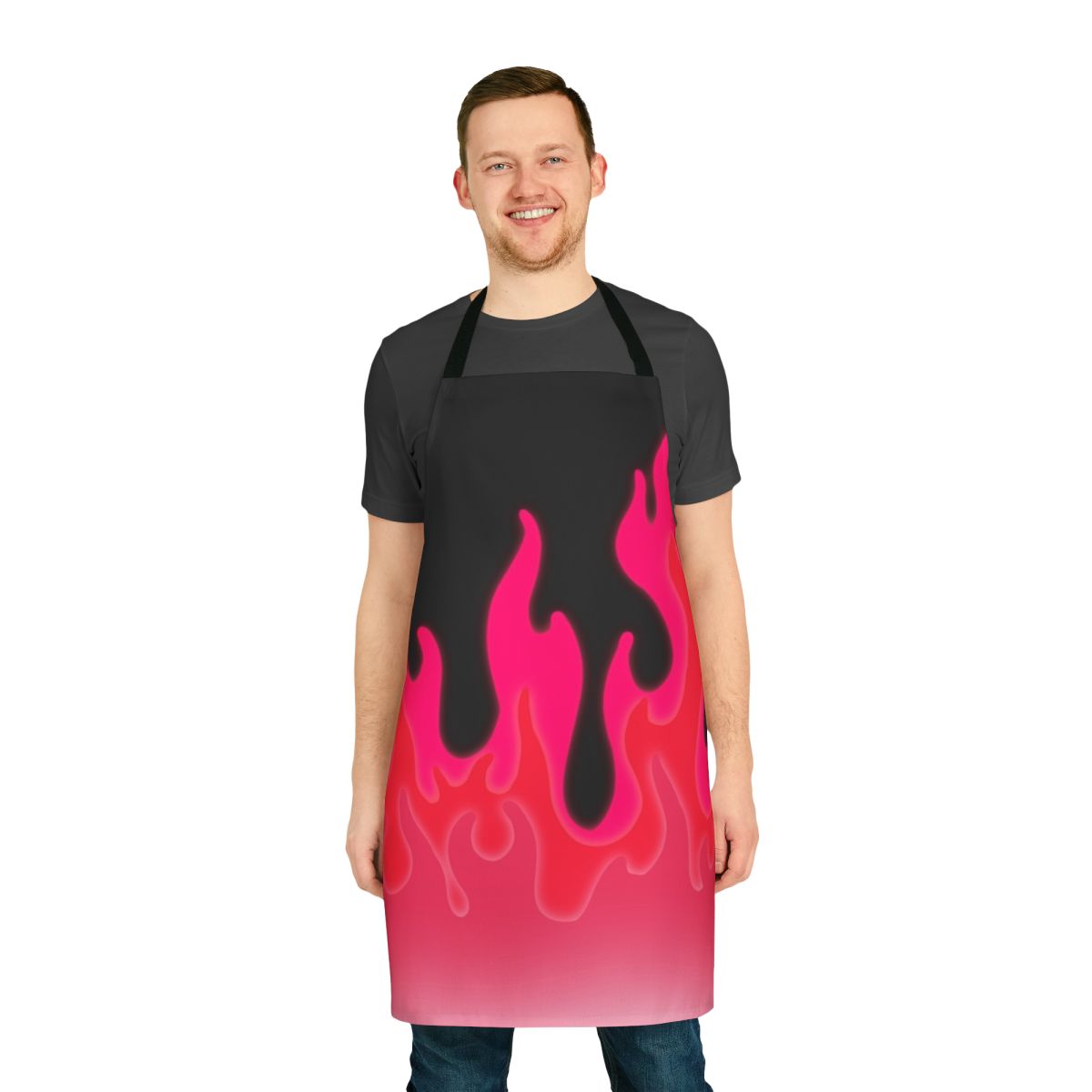 Reddish pink apron with a fiery flame design