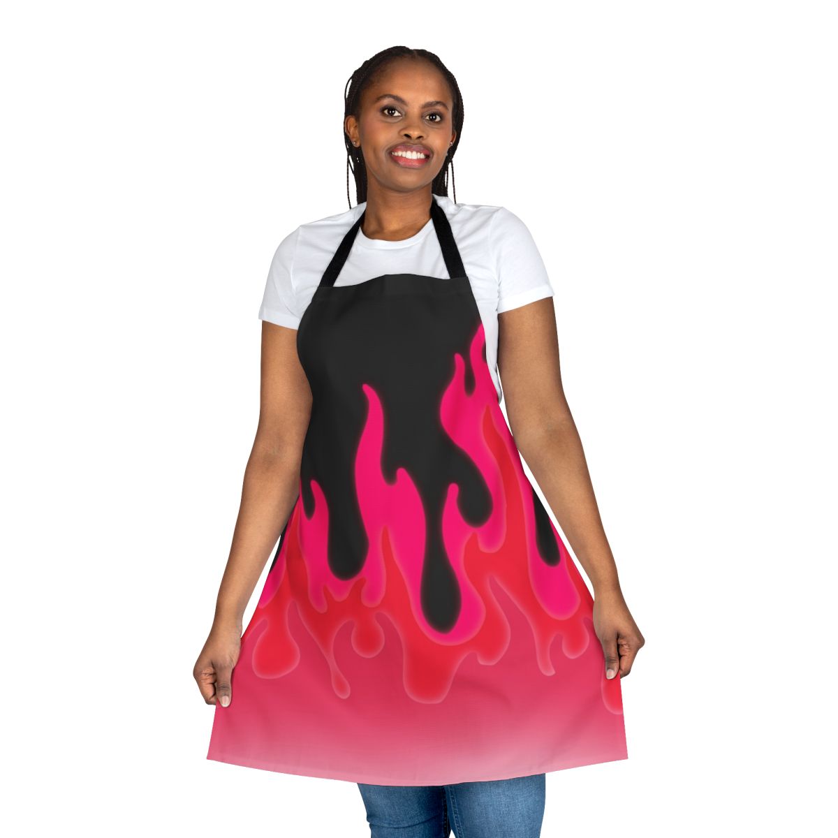Reddish pink apron with a fiery flame design