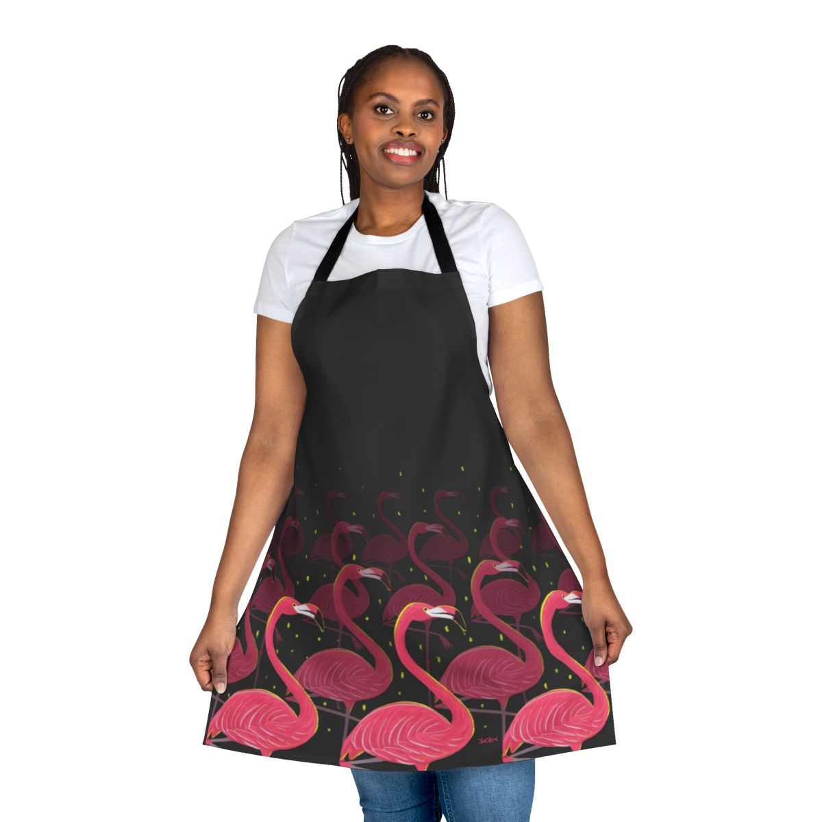 Flamingo-patterned apron with pink and white design