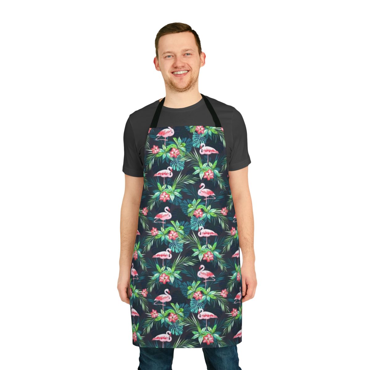 Bright and colorful apron featuring a tropical flamingo design