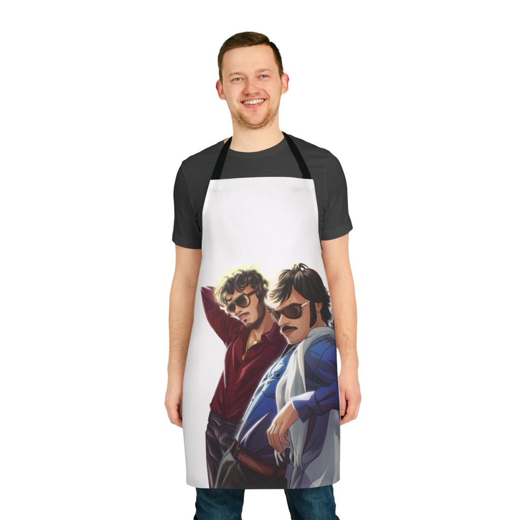 Flight of the Conchords-inspired apron with bold graphic design