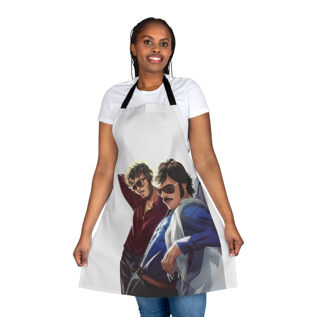 Flight of the Conchords-inspired apron with bold graphic design