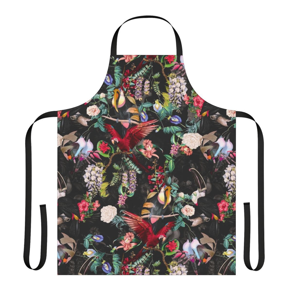 Floral and nature-inspired apron with birds and foliage pattern