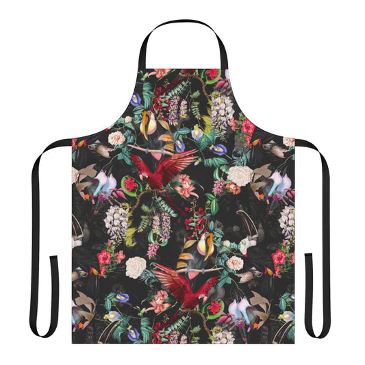 Floral and nature-inspired apron with birds and foliage pattern