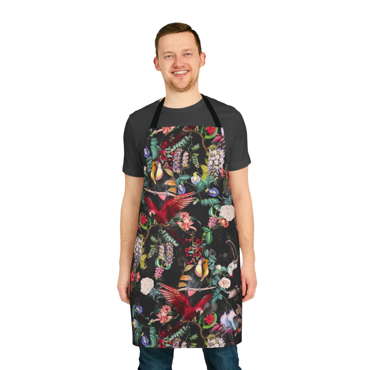 Floral and nature-inspired apron with birds and foliage pattern