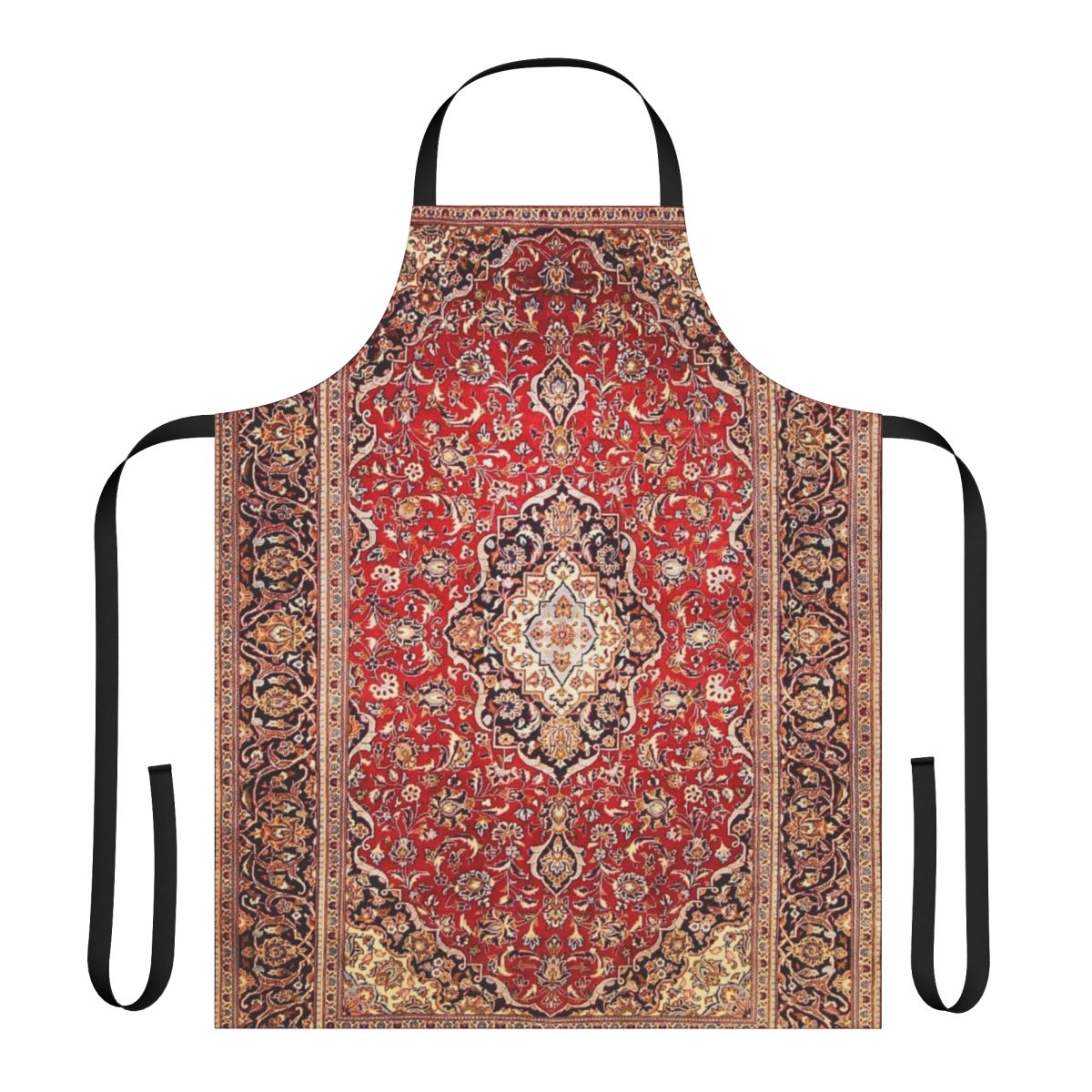 A vibrant floral apron with an antique Persian rug print design