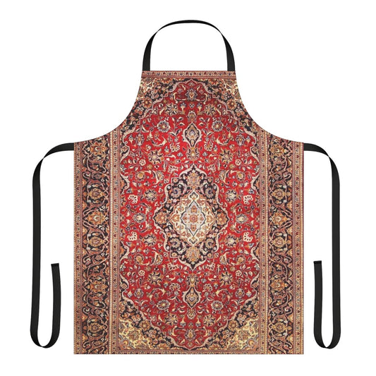 A vibrant floral apron with an antique Persian rug print design