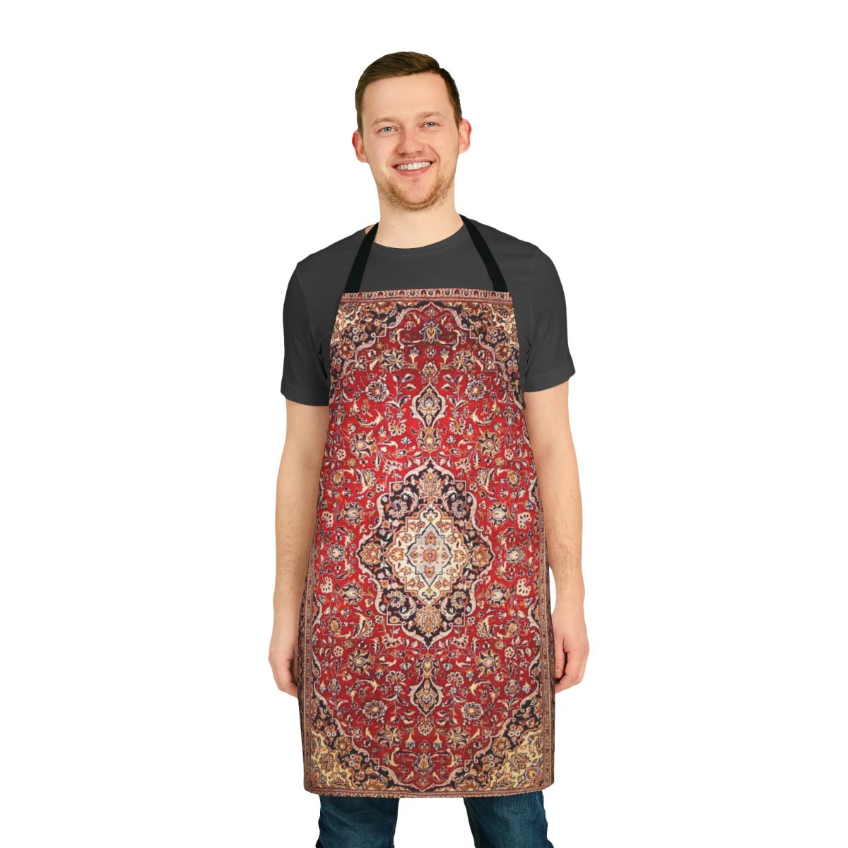 A vibrant floral apron with an antique Persian rug print design