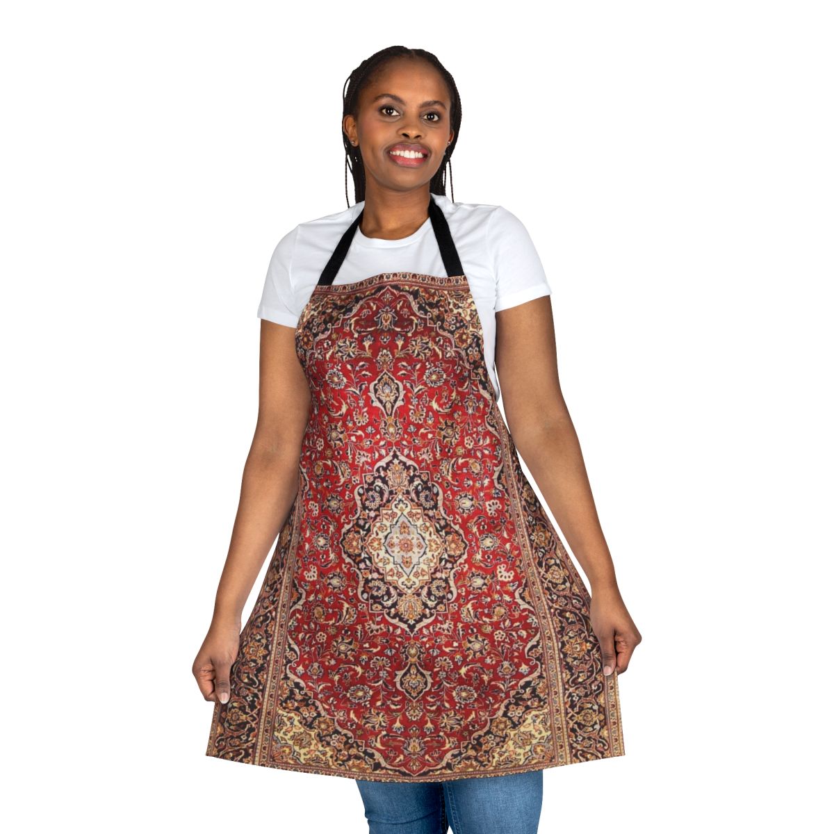 A vibrant floral apron with an antique Persian rug print design