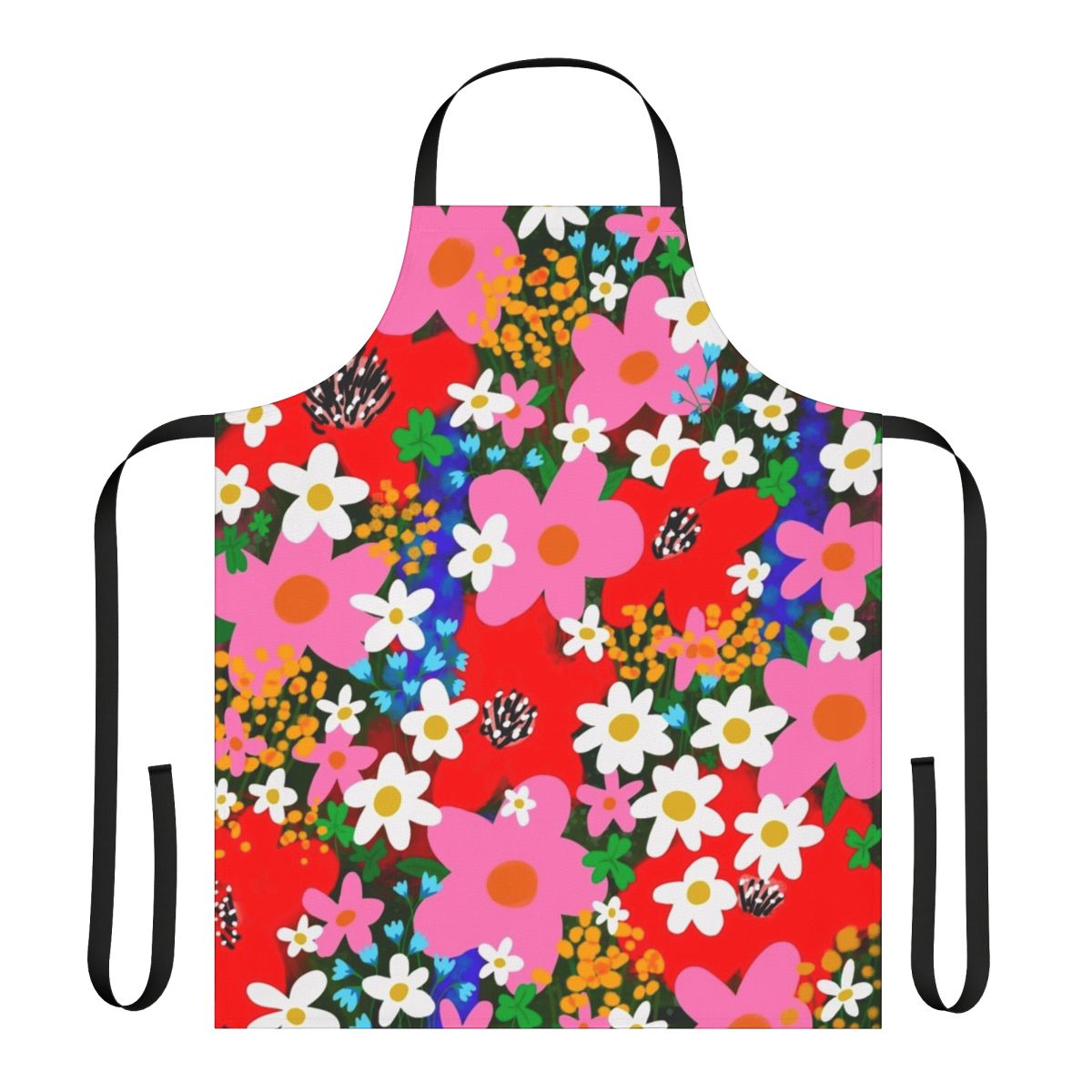 A vibrant, floral-patterned apron featuring daisies, poppies, and other blooms in a retro, 1960s-inspired design.
