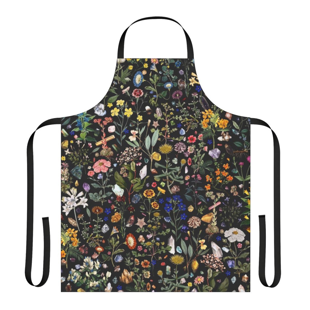 A colorful, botanical-themed apron with floral and nature-inspired patterns.