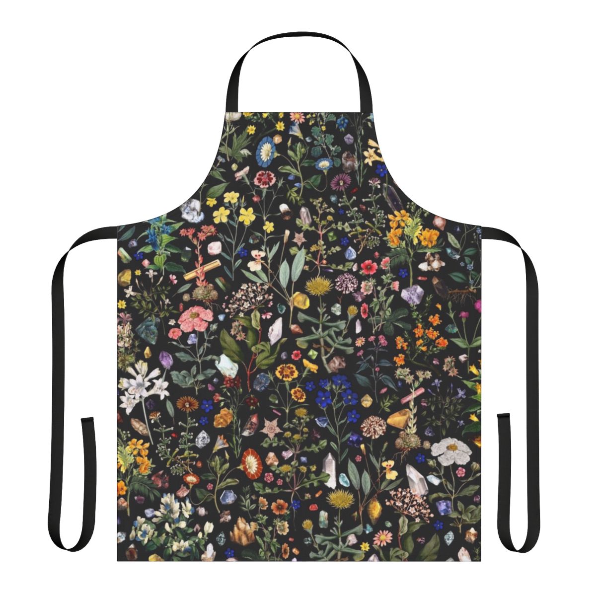 A colorful, botanical-themed apron with floral and nature-inspired patterns.