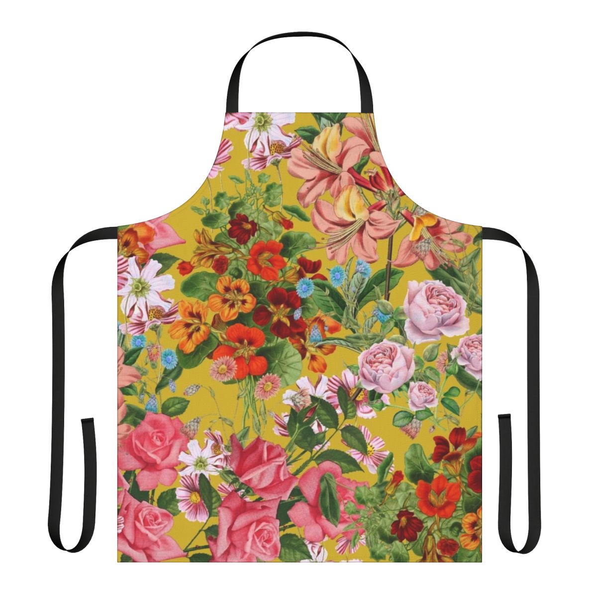 Floral pattern on yellow background apron with peonies and other flowers