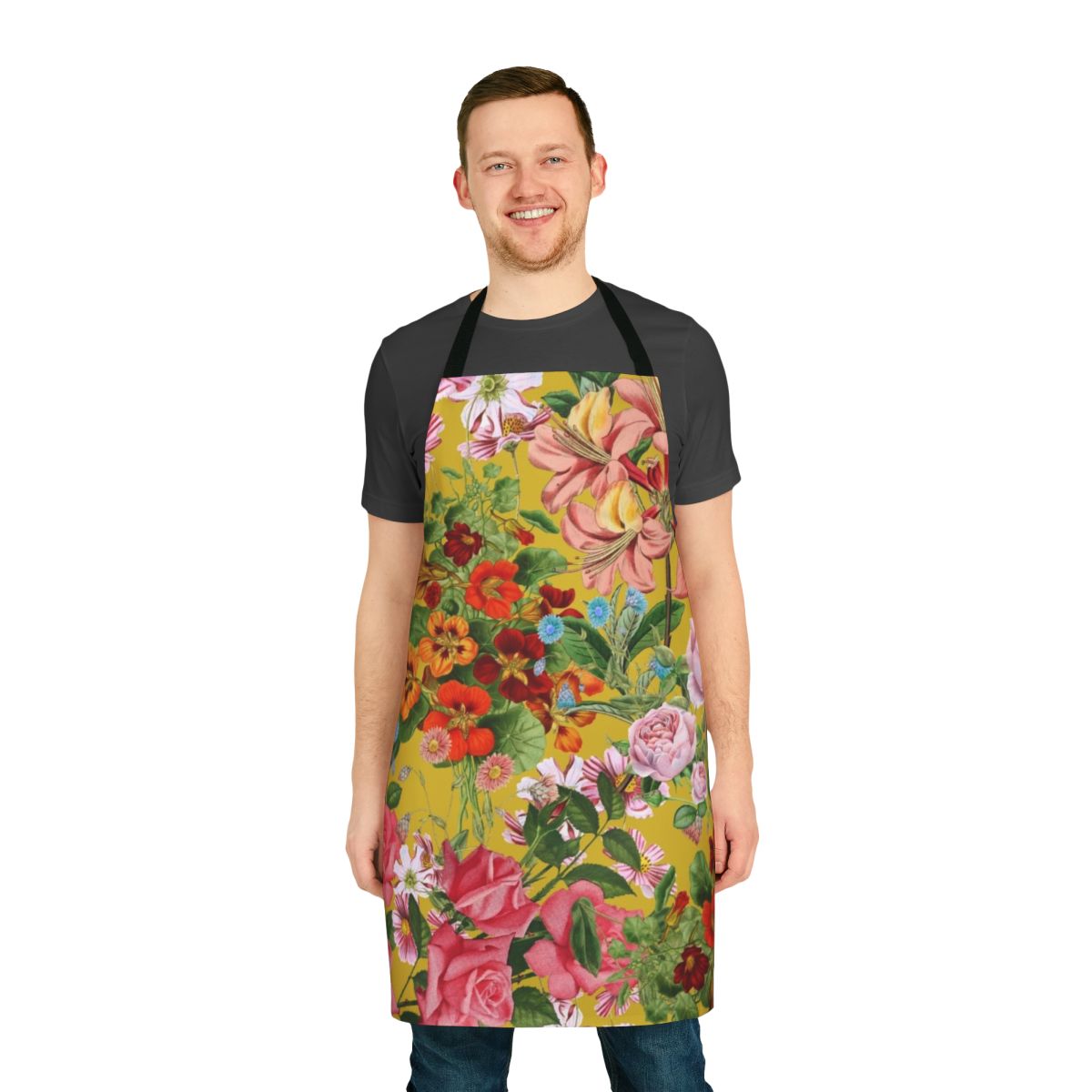 Floral pattern on yellow background apron with peonies and other flowers