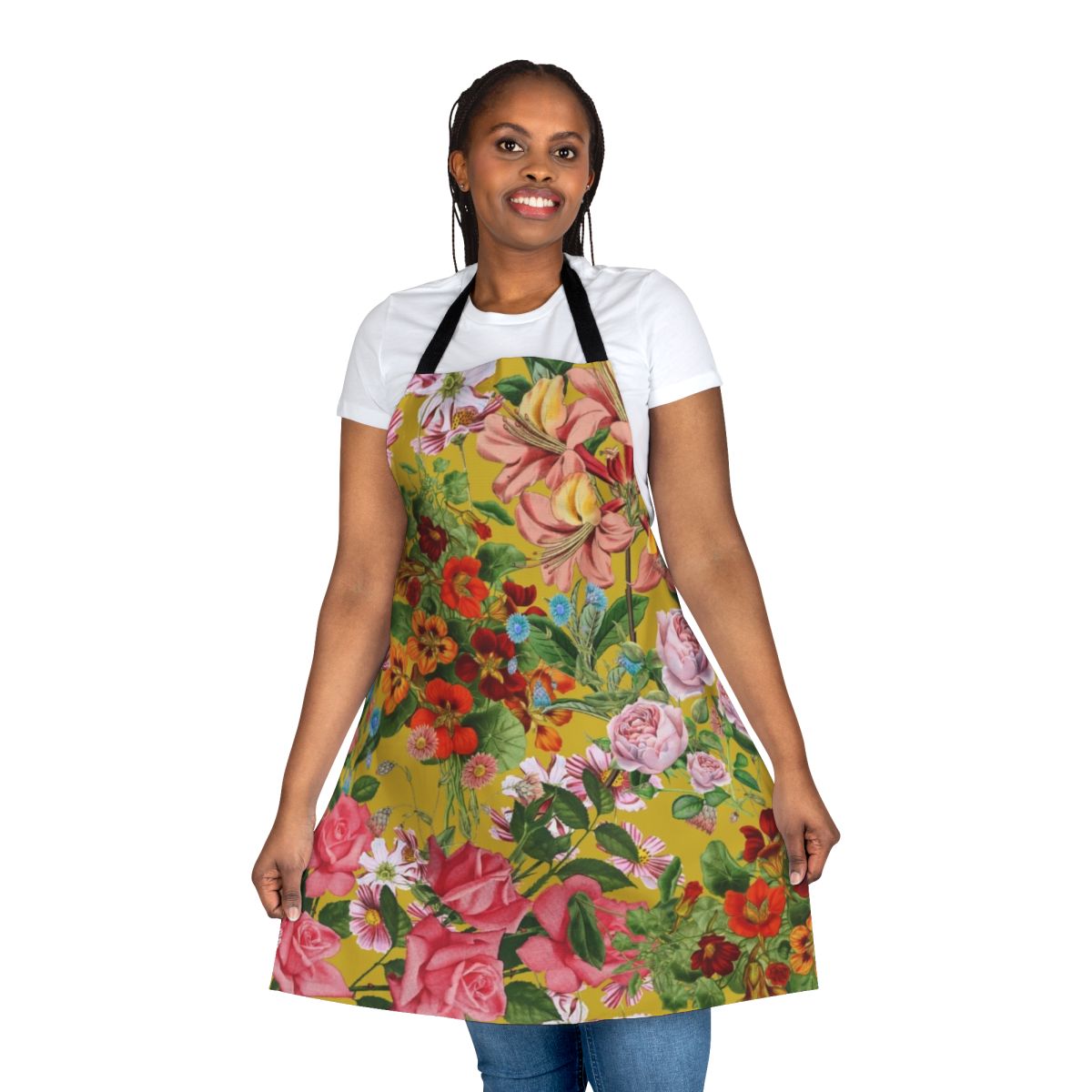 Floral pattern on yellow background apron with peonies and other flowers