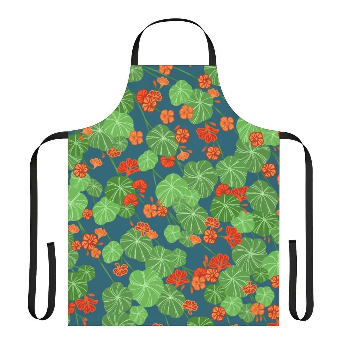 Closeup of a floral apron with a vibrant orange, green, and blue nasturtium pattern