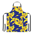Artistic abstract yellow floral design on a blue background printed on a high-quality kitchen apron.