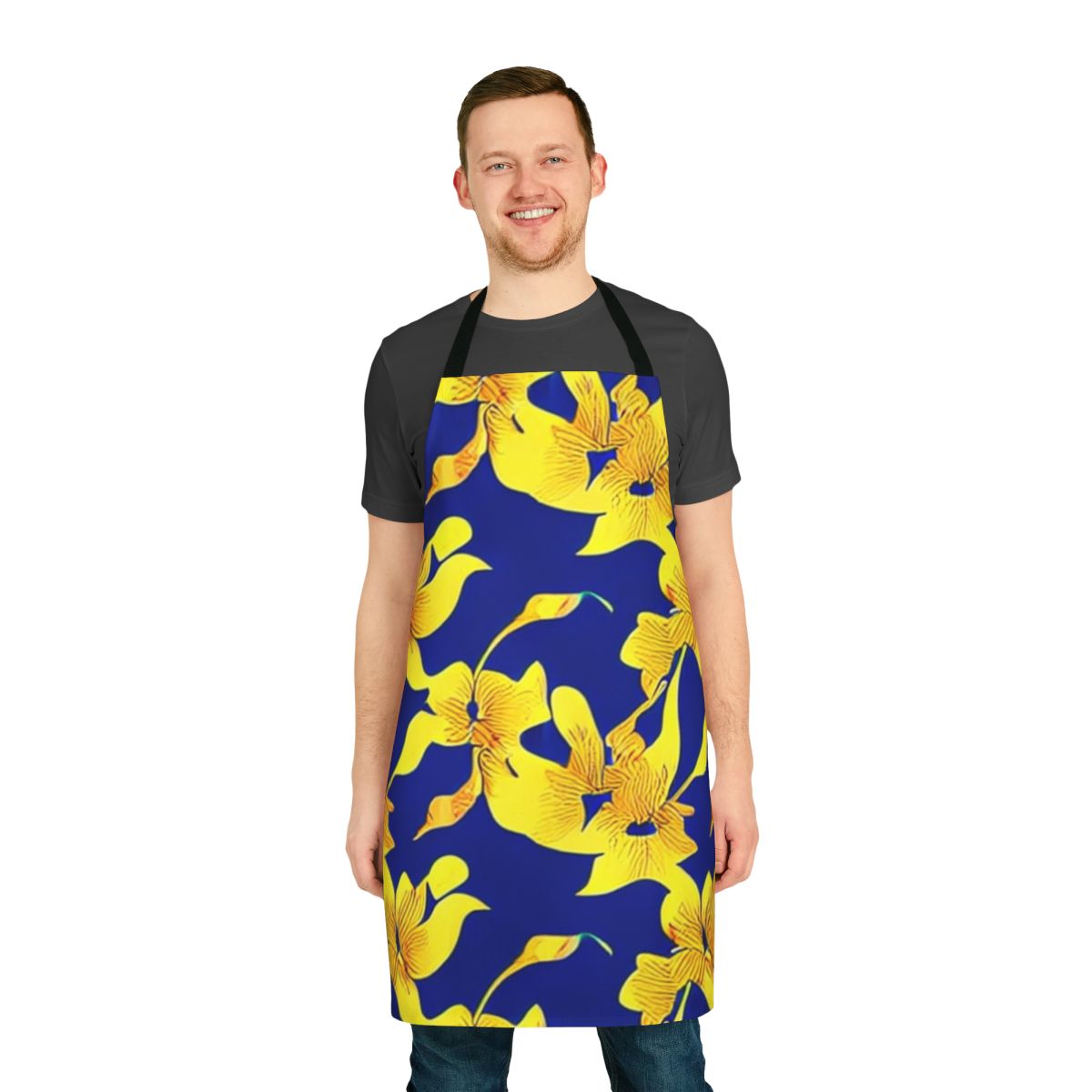 Artistic abstract yellow floral design on a blue background printed on a high-quality kitchen apron.