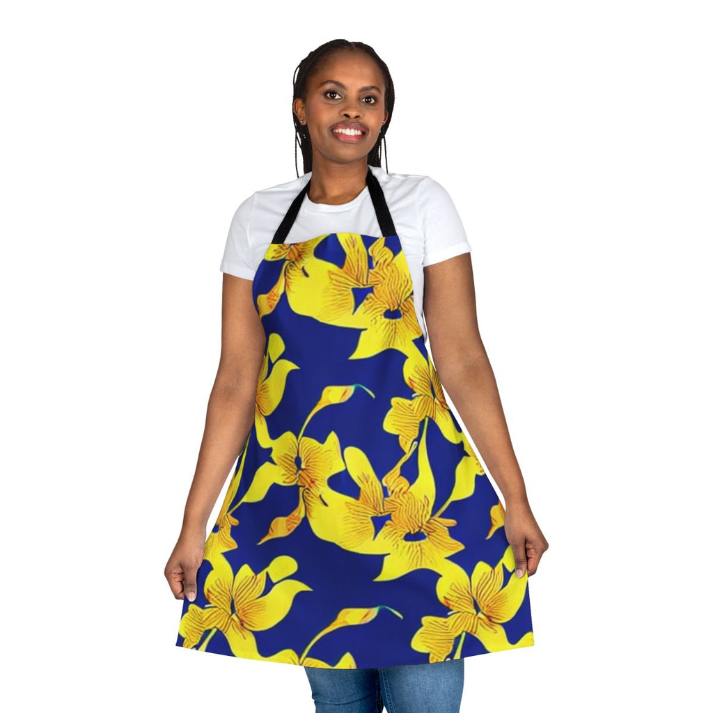 Artistic abstract yellow floral design on a blue background printed on a high-quality kitchen apron.