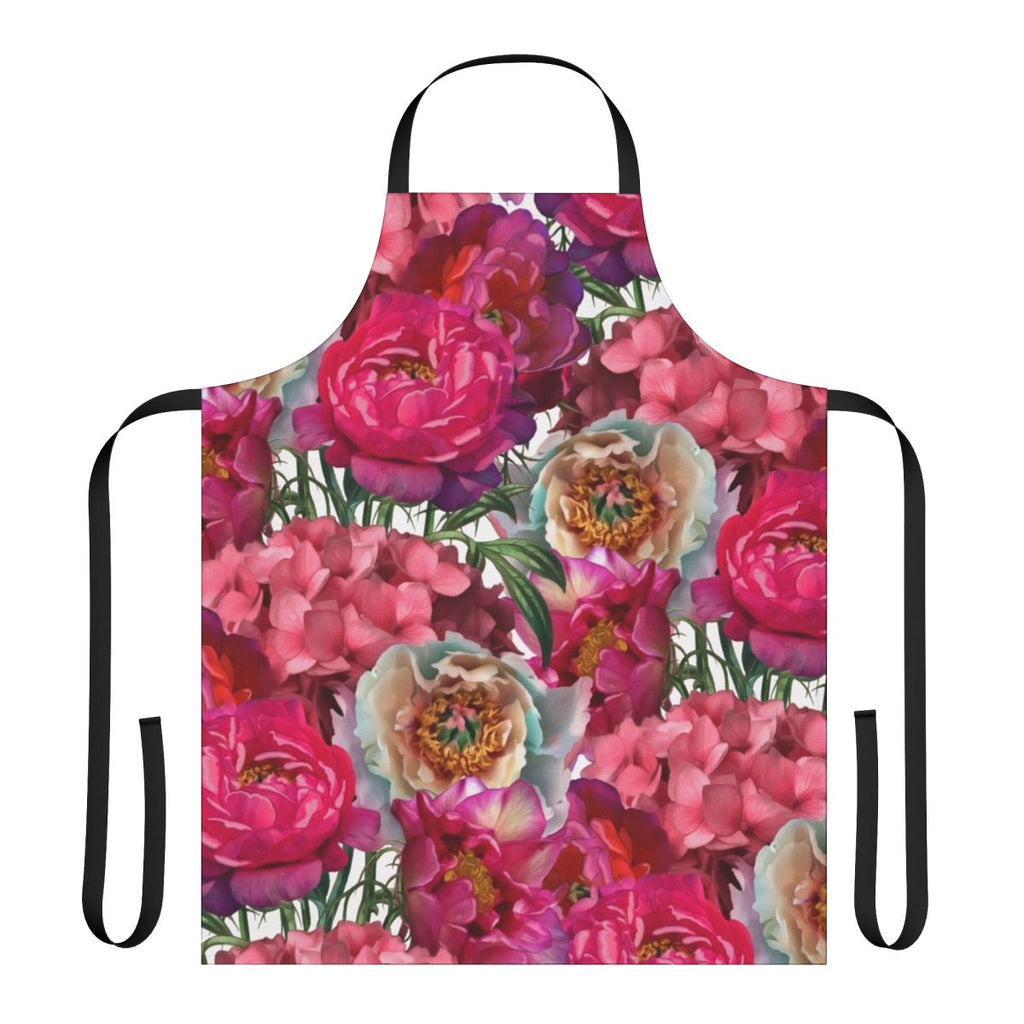 A beautiful floral garden apron with a colorful bouquet of flowers including hydrangeas, peonies, and other botanical elements.