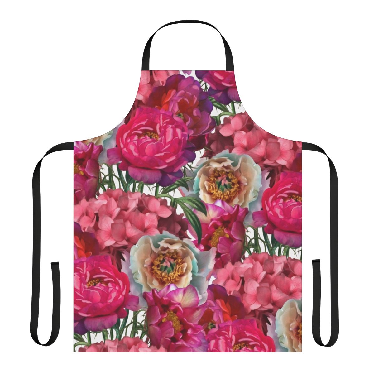 A beautiful floral garden apron with a colorful bouquet of flowers including hydrangeas, peonies, and other botanical elements.