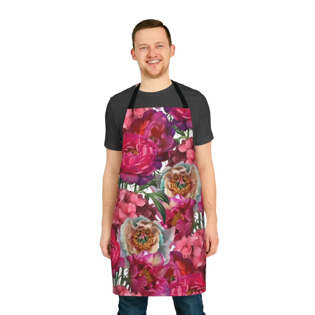 A beautiful floral garden apron with a colorful bouquet of flowers including hydrangeas, peonies, and other botanical elements.