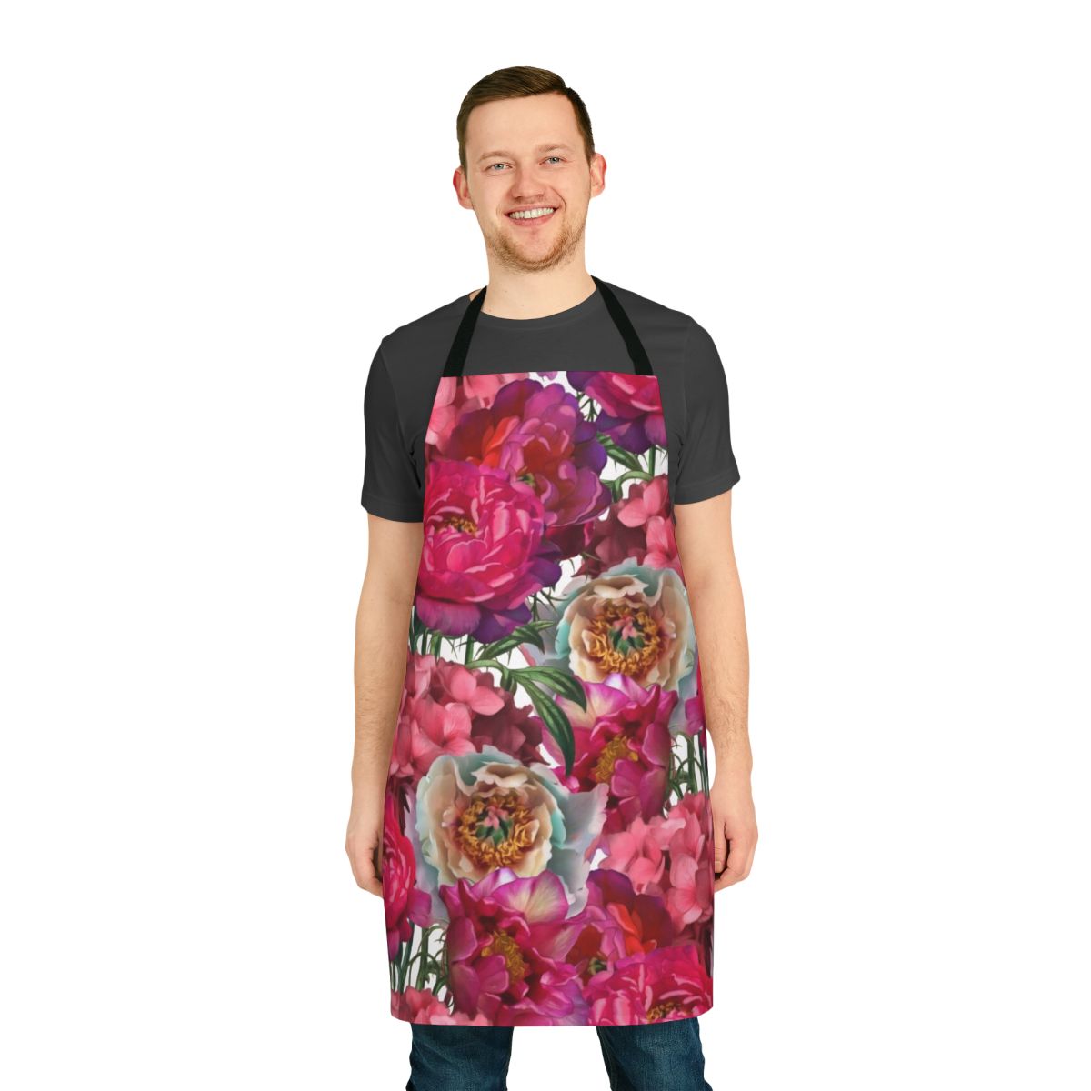 A beautiful floral garden apron with a colorful bouquet of flowers including hydrangeas, peonies, and other botanical elements.