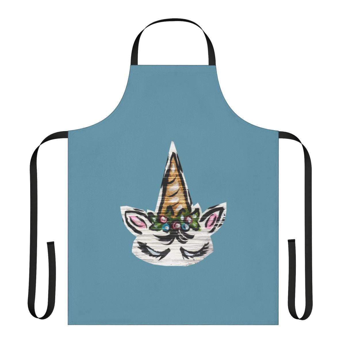 Floral unicorn apron with a spiraling horn and nature-inspired design