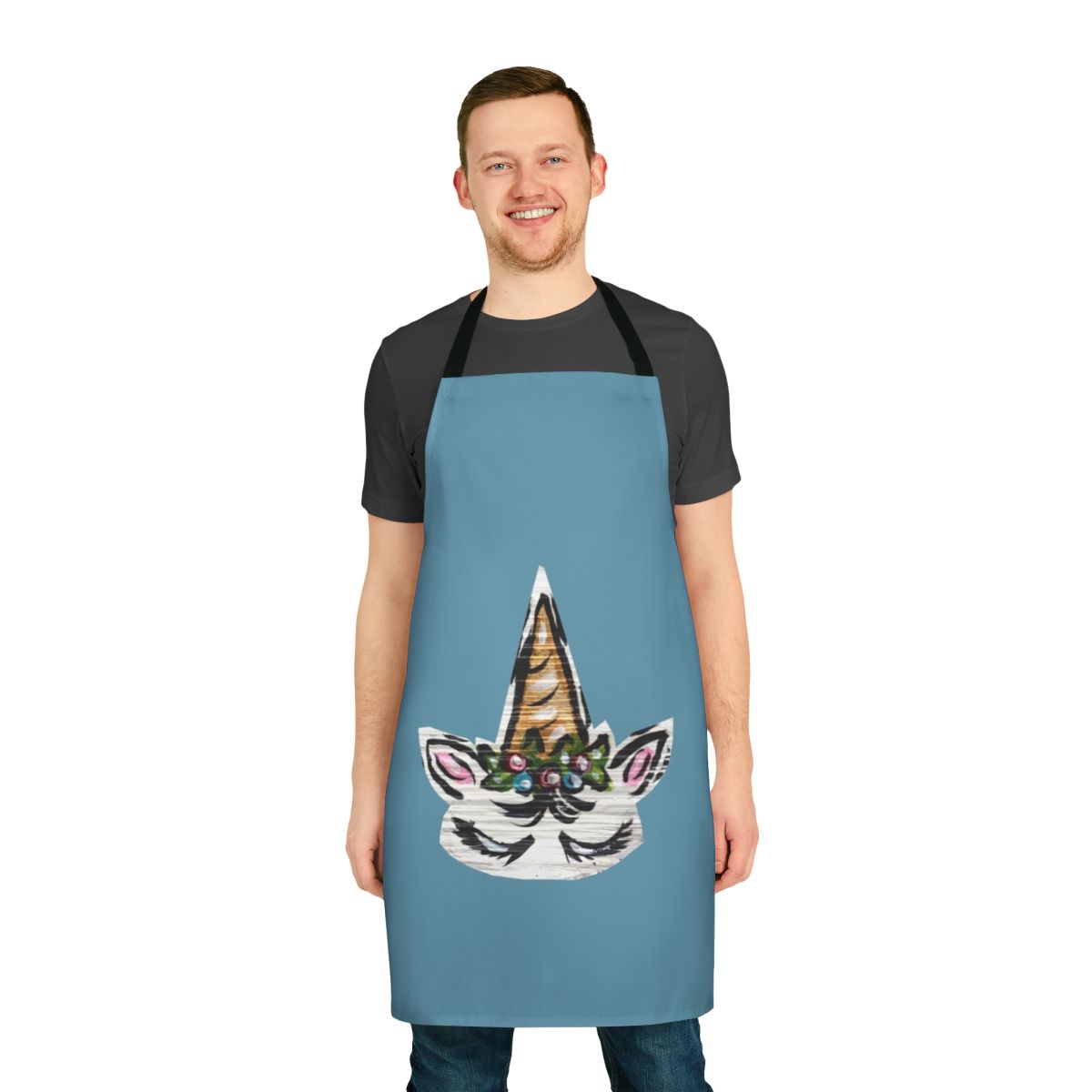 Floral unicorn apron with a spiraling horn and nature-inspired design