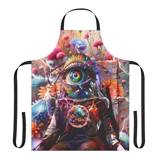 Colorful flower power apron with a vintage, retro design