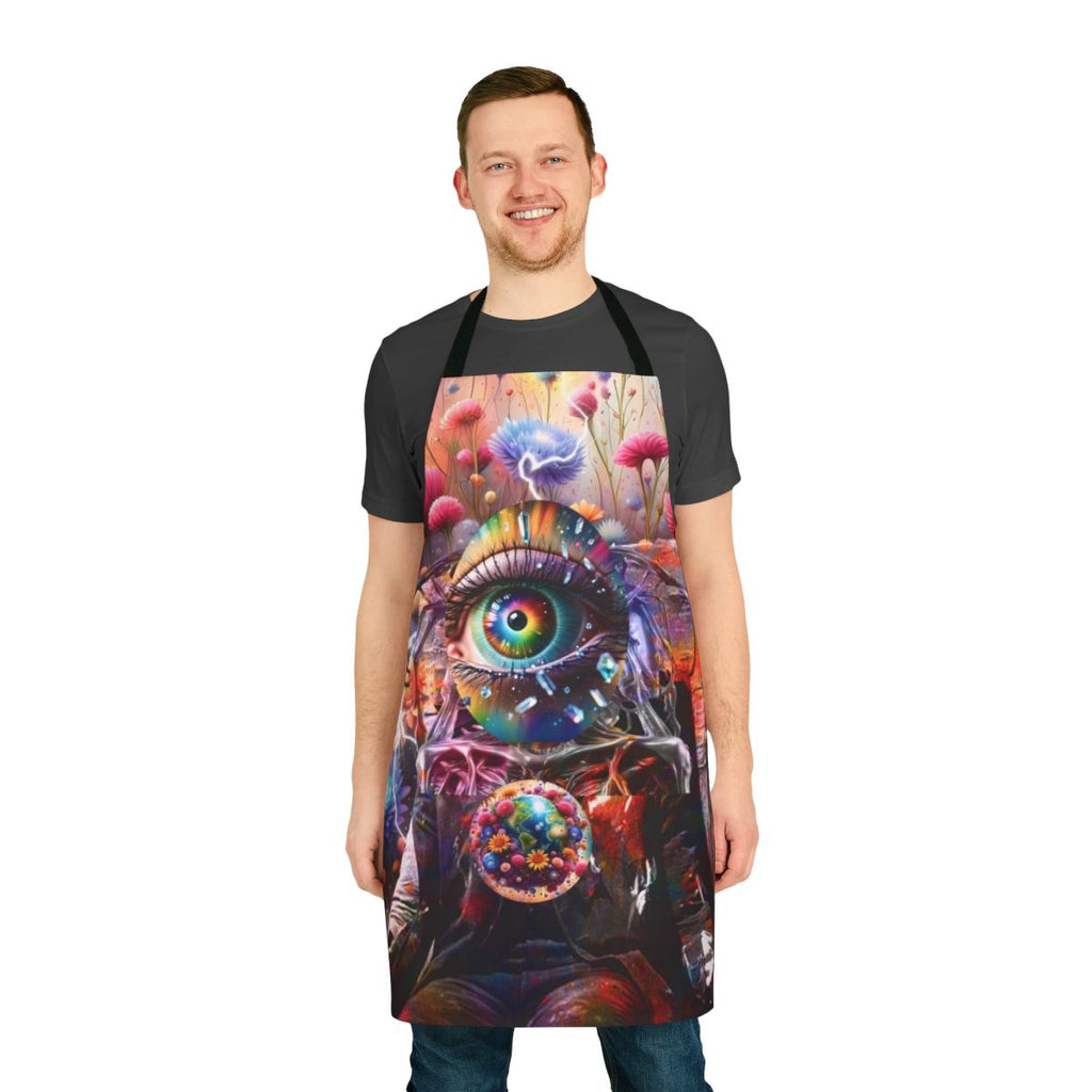 Colorful flower power apron with a vintage, retro design
