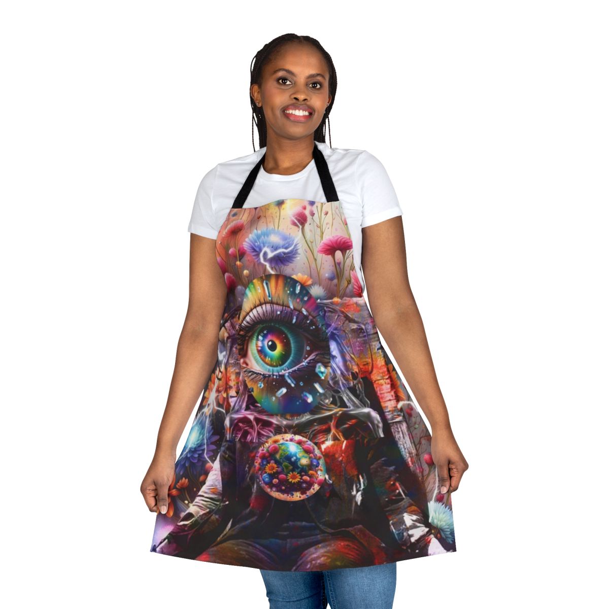 Colorful flower power apron with a vintage, retro design