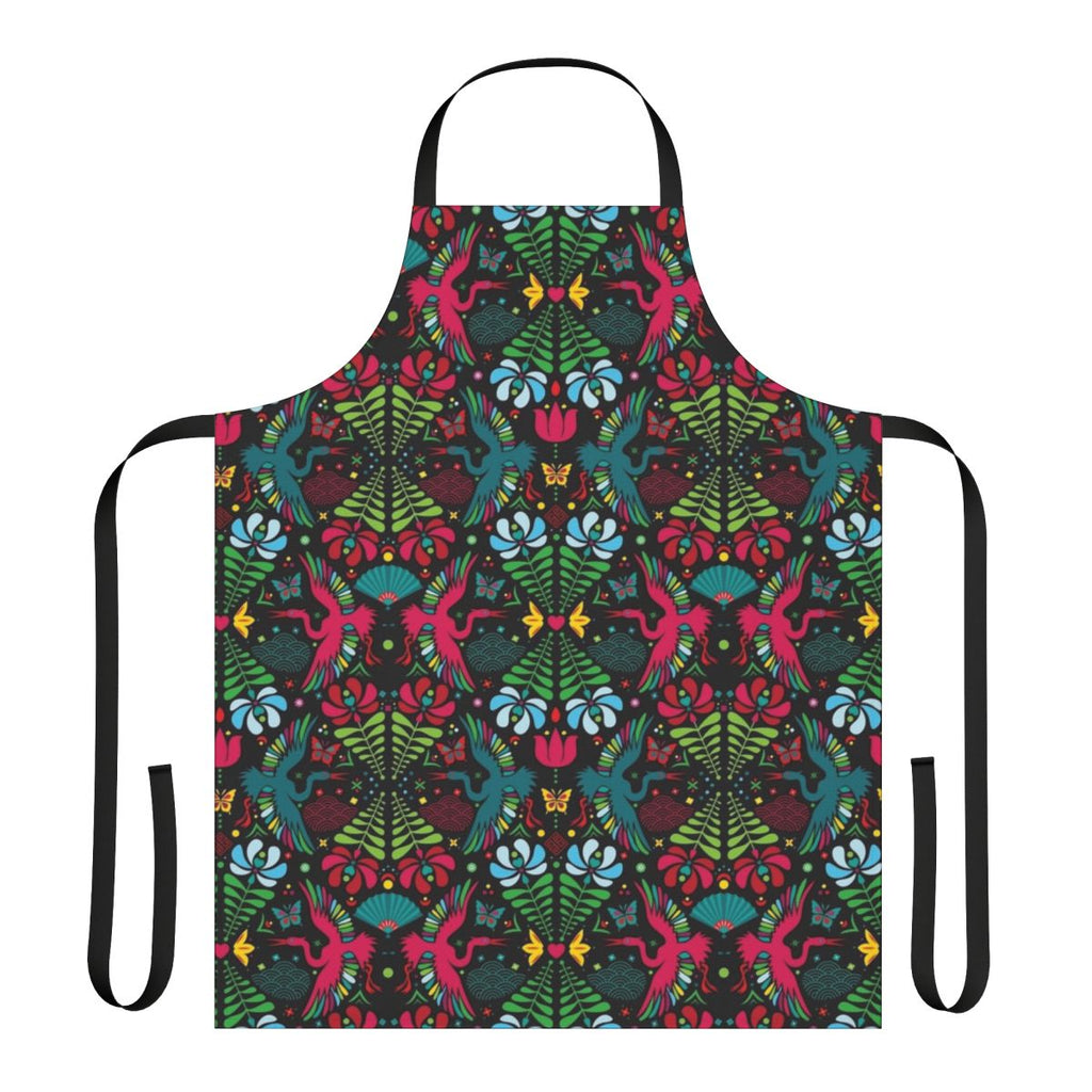 Colorful crane and floral patterned apron, a unique folk art inspired home accessory.