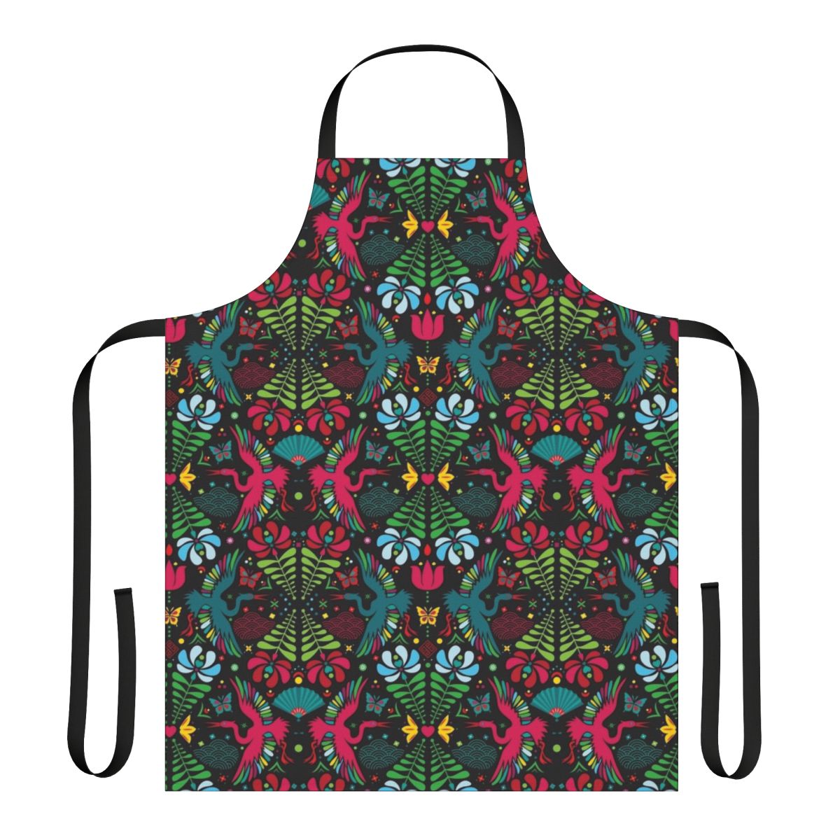 Colorful crane and floral patterned apron, a unique folk art inspired home accessory.