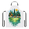 Colorful apron featuring a graphic print of a forest landscape with animals and birds