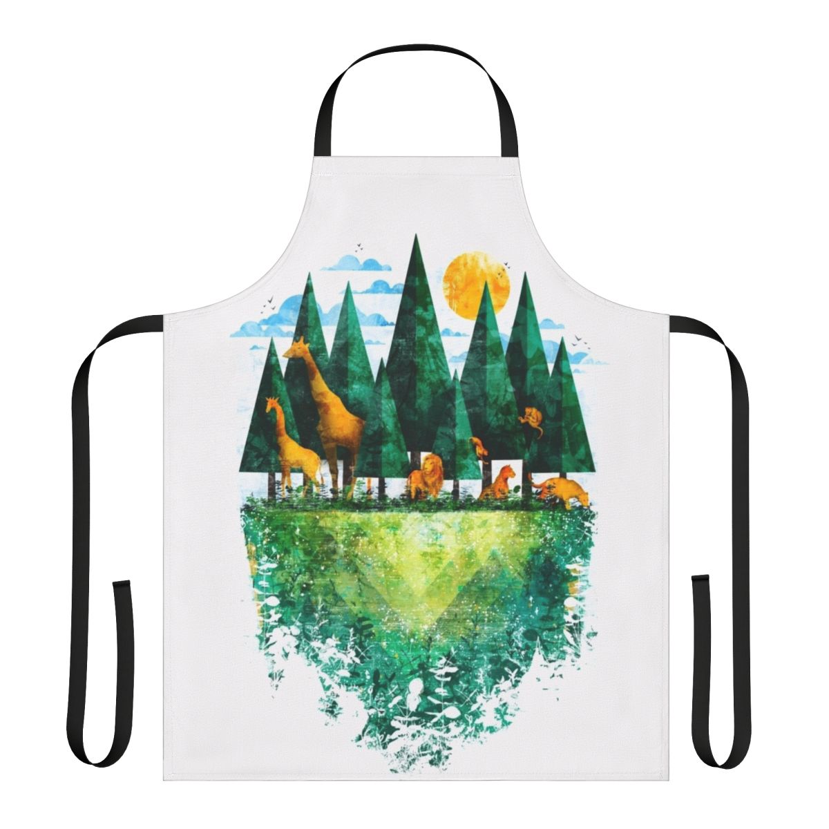 Colorful apron featuring a graphic print of a forest landscape with animals and birds