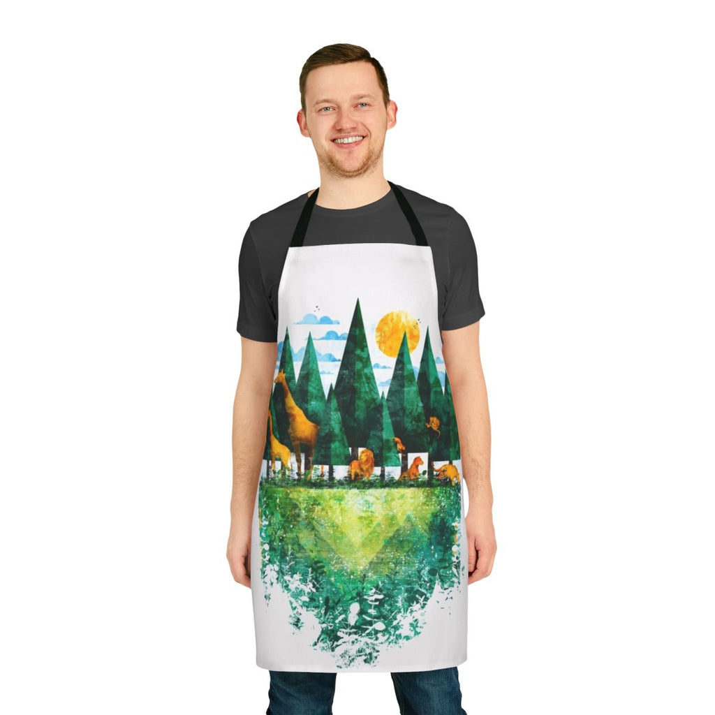 Colorful apron featuring a graphic print of a forest landscape with animals and birds