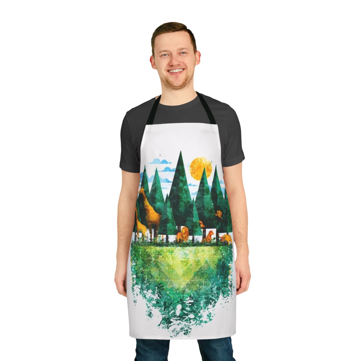 Colorful apron featuring a graphic print of a forest landscape with animals and birds